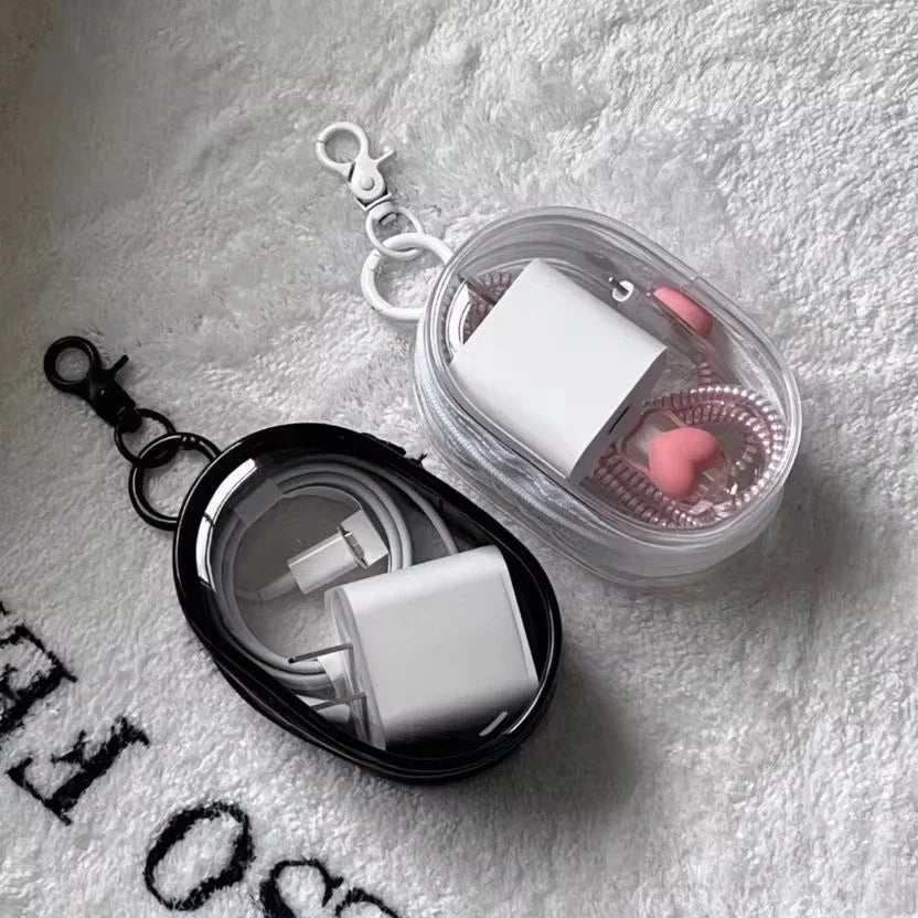 Portable Mini Transparent Charging Cable Storage Bag with Zipper Multifunctional Headphone Case Travel Accessories with Keychain