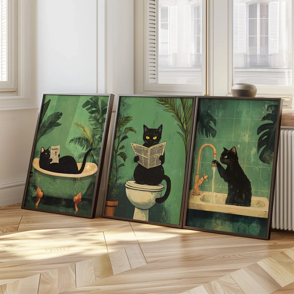 Funny Bathroom Black Cat Canvas Poster 