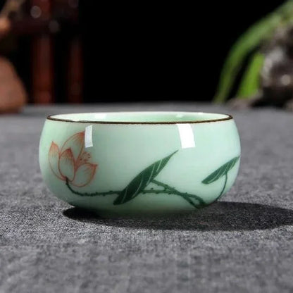 Traditional Celadon Hand-Painted Landscape Teacup Ceramic Lotus 80Ml