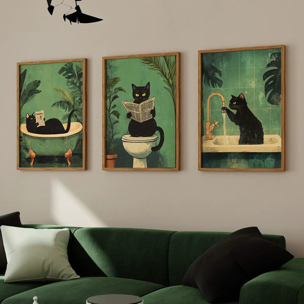 Funny Bathroom Black Cat Canvas Poster 