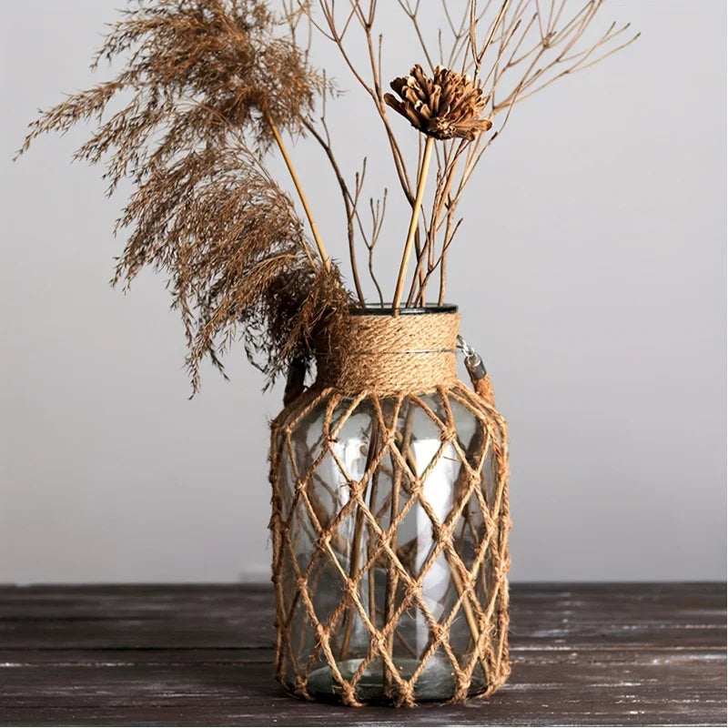 Retro Hemp Rope Glass Vase Hand-Woven 