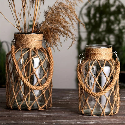Retro Hemp Rope Glass Vase Hand-Woven 