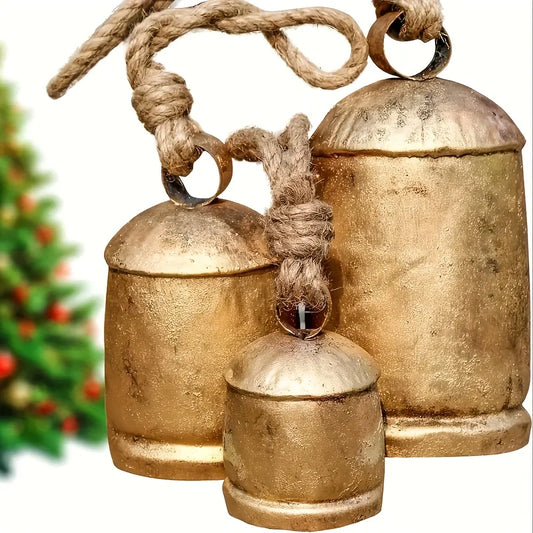 3Pcs Handcrafted-Look Antique Golden Metal Christmas Bells 