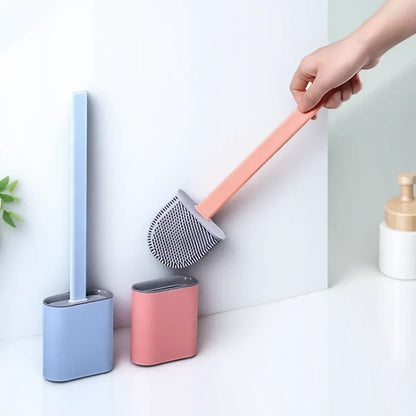 Slim Flexible Toilet Brush with Wall Mount Sticker Non-Slip Long Handle Soft Silicone Bathroom Cleaning Tool