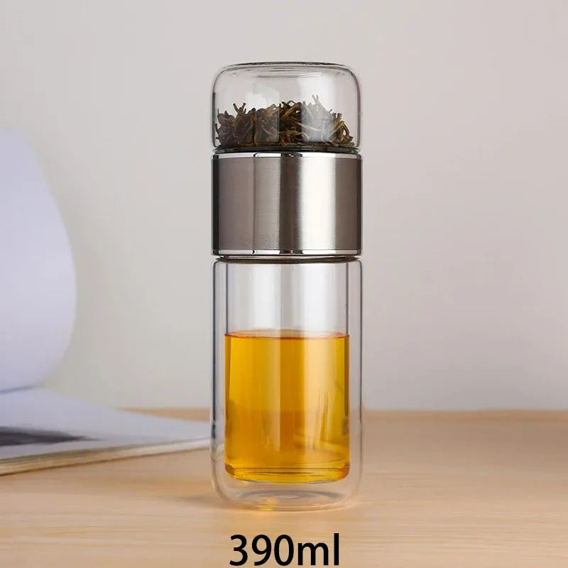 420ML Tea Water Bottle High Borosilicate Double Glass 