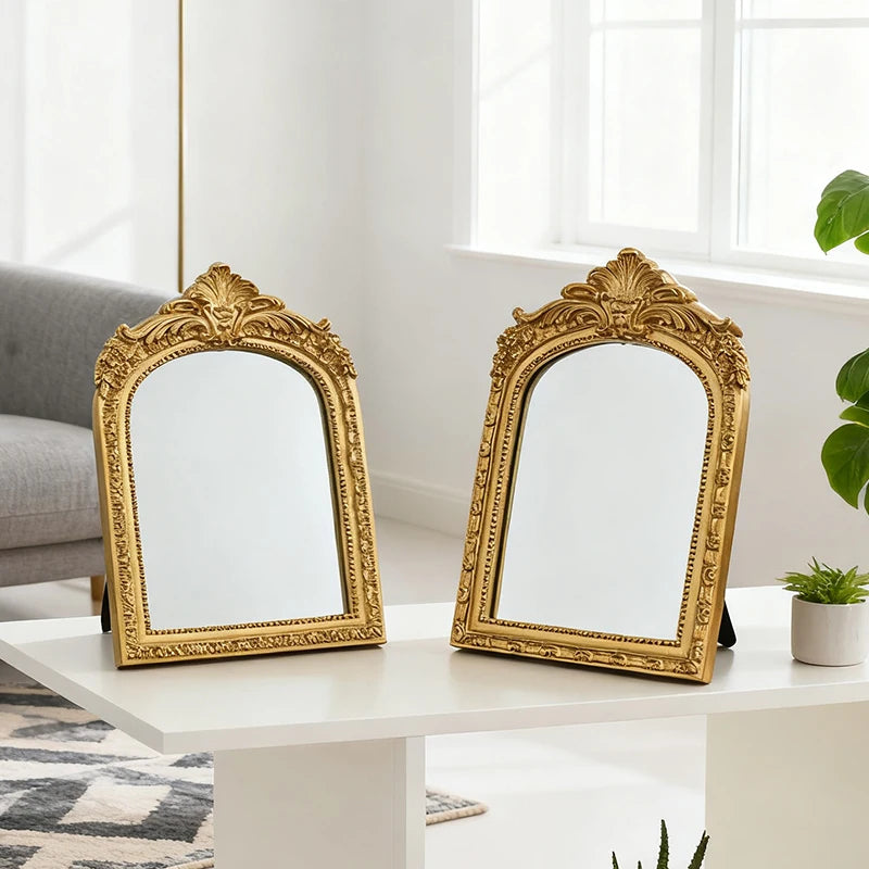 Vintage Arched Carved Mirror Luxurious Desktop Mirror 