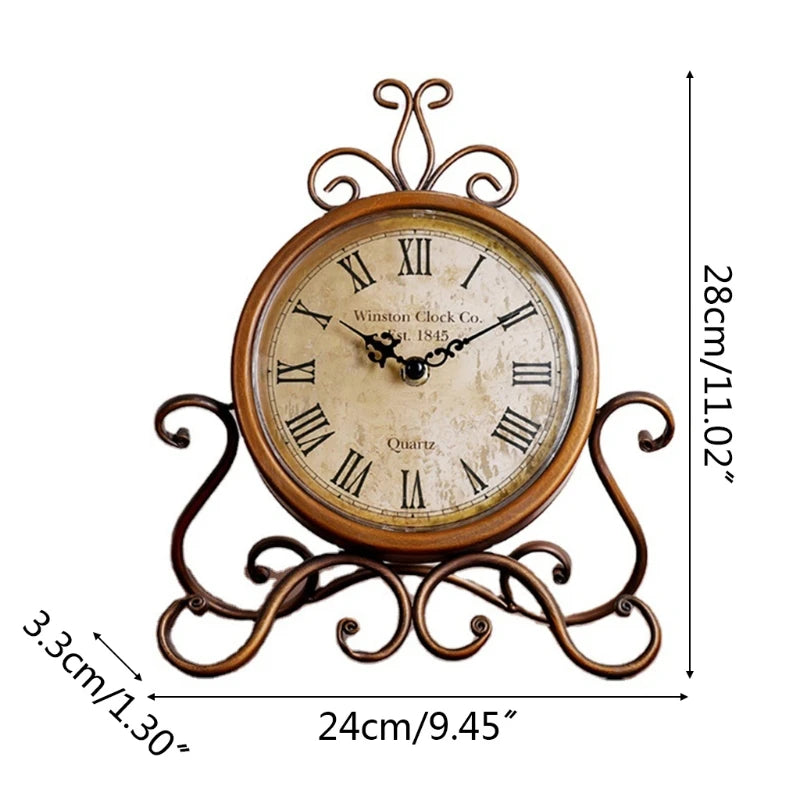 Vintage Retro Iron Ornament Battery Operated Silent Table Clock 