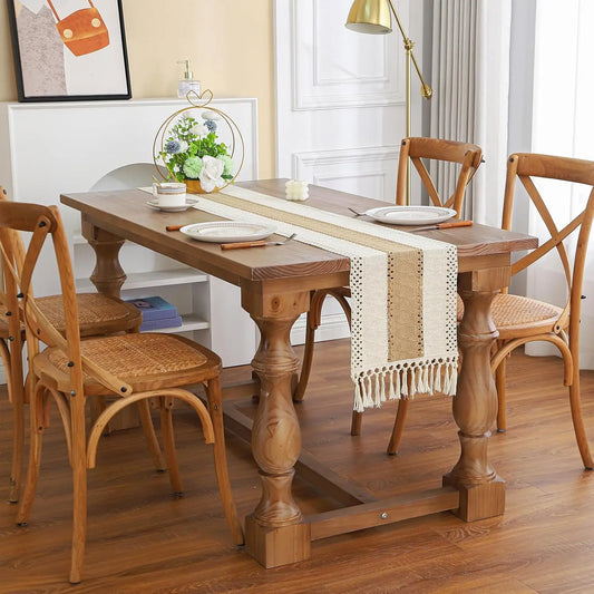 Boho Farmhouse Linen Table Runner with Tassels–Rustic Macrame