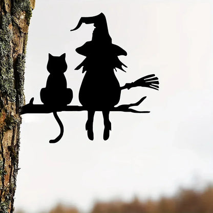 Garden Stake Witch and Cat 