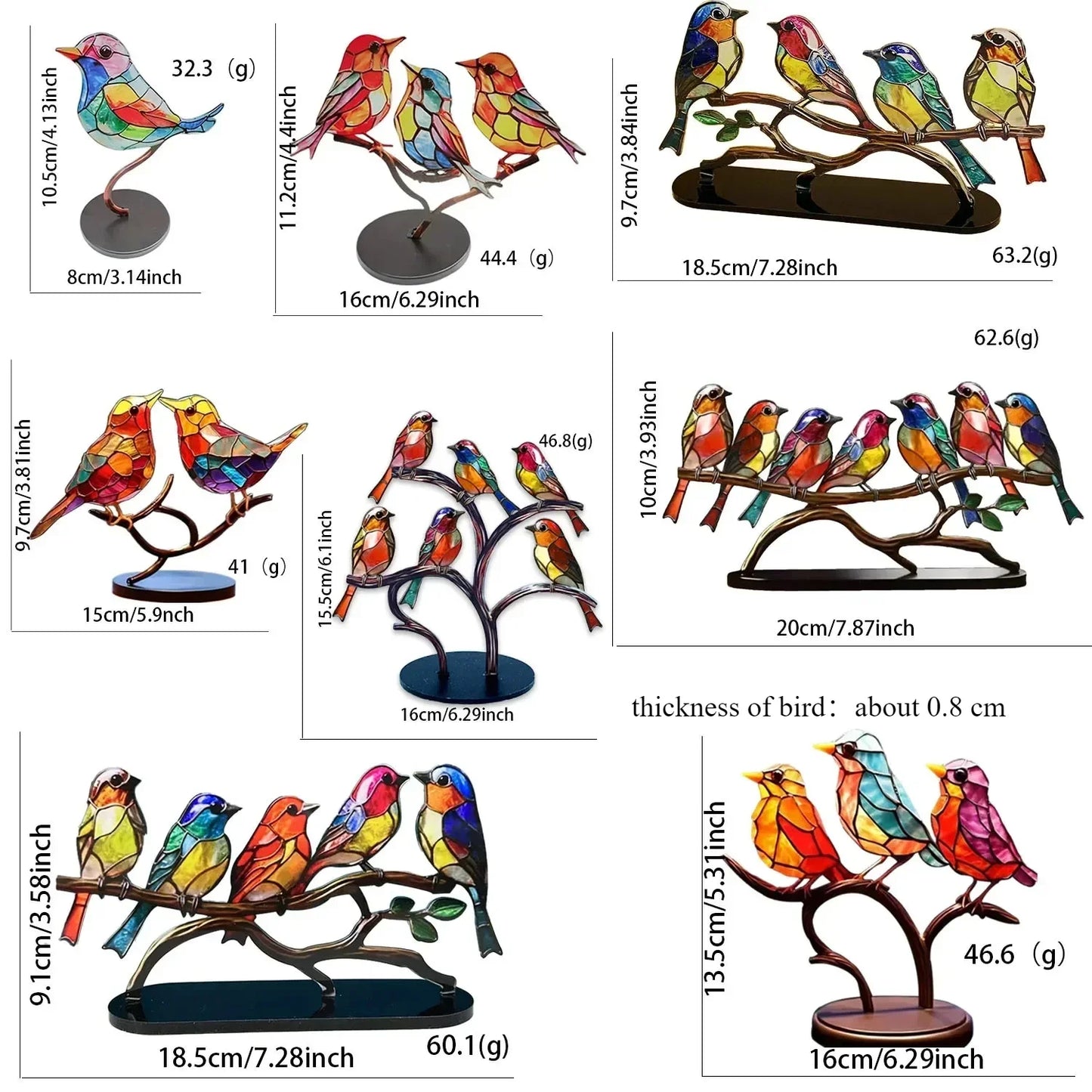 Multicolor Birds Stained 2D Acrylic Birds Craft Statue Ornaments