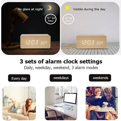 Digital Alarm Clock Wooden LED Table Clock with Temperature 