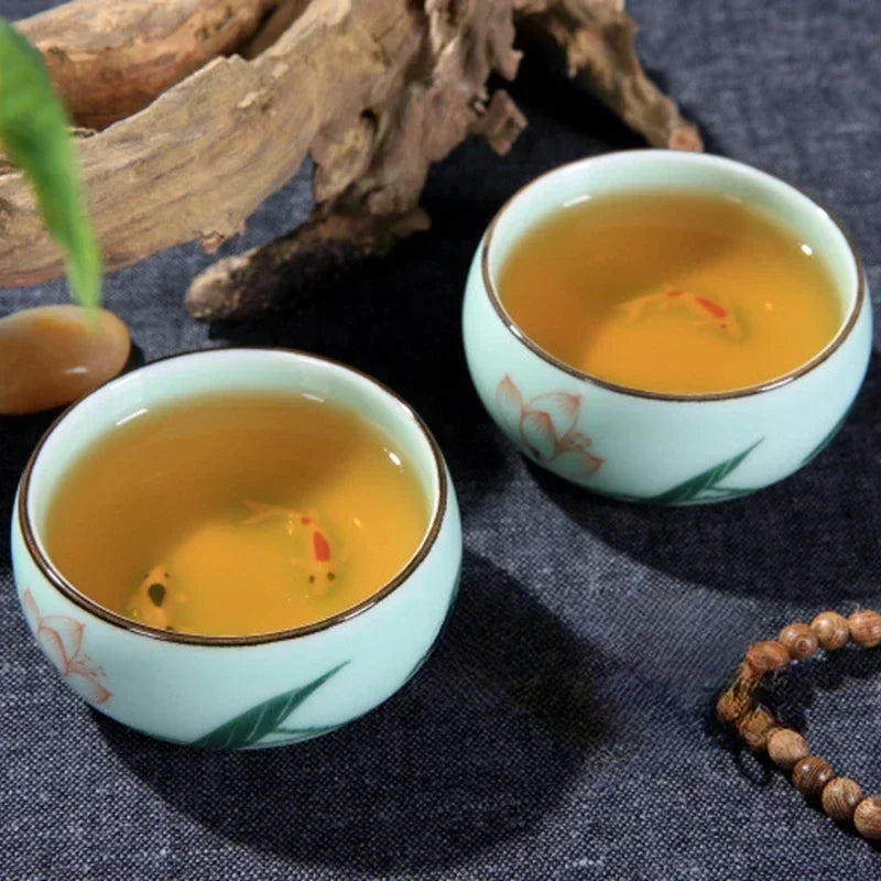 Traditional Celadon Hand-Painted Landscape Teacup Ceramic Lotus 80Ml