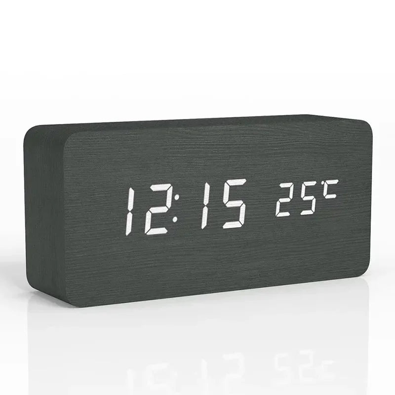 Digital Alarm Clock Wooden LED Table Clock with Temperature 