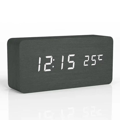 Digital Alarm Clock Wooden LED Table Clock with Temperature 