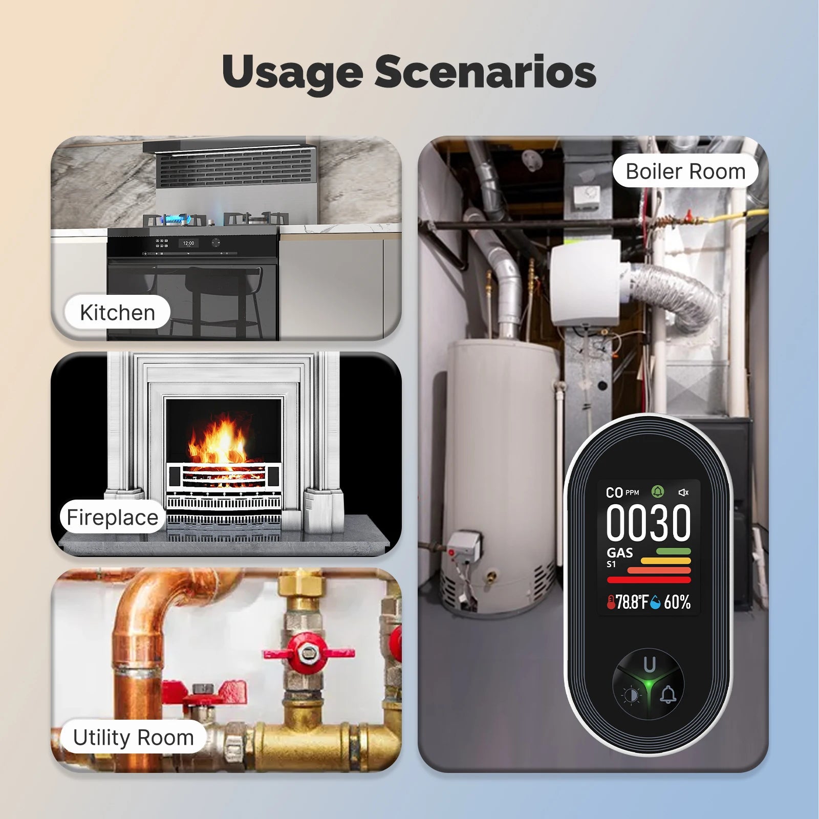 All-in-One Home Safety Alarm – CO, Gas, Temp & Humidity