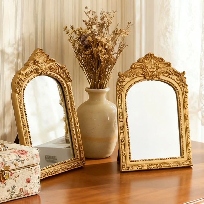 Vintage Arched Carved Mirror Luxurious Desktop Mirror 