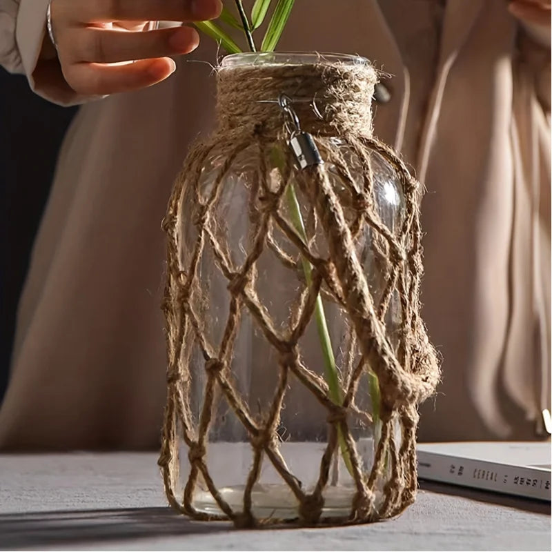 Retro Hemp Rope Glass Vase Hand-Woven 