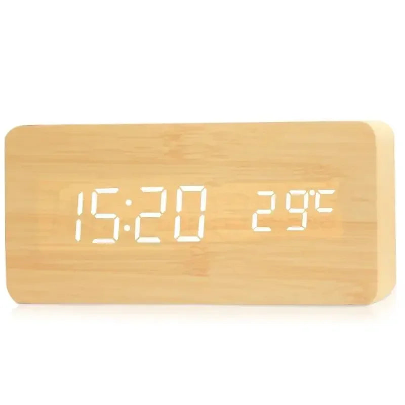 Digital Alarm Clock Wooden LED Table Clock with Temperature 