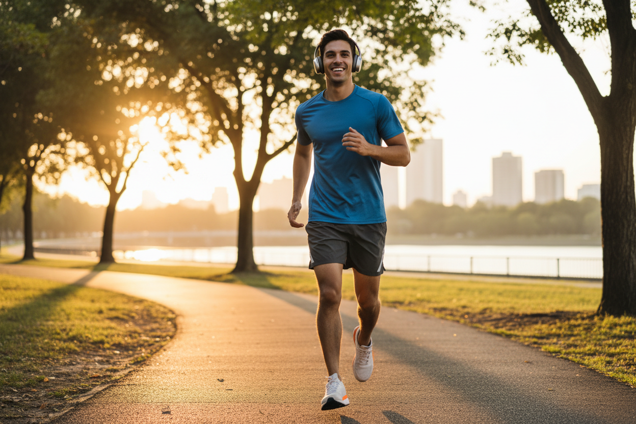 A picture of a cheerful young man running wearing Xiaomi TH30 Foldable Wireless Headphones