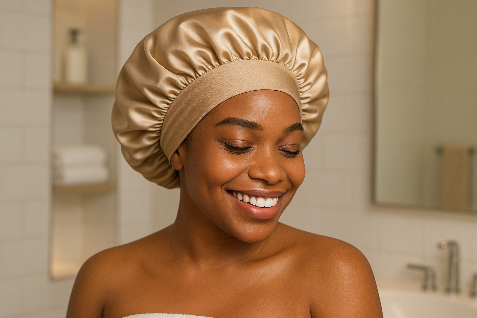 A satin sleeping cap is worn by a smiling beautiful black woman in the bathroom. The cap has a very wide (about 6 cm) elastic band (elastic band! of the same color but made of a different fabric, more elastic), it is comfortable and does not press when sleeping.