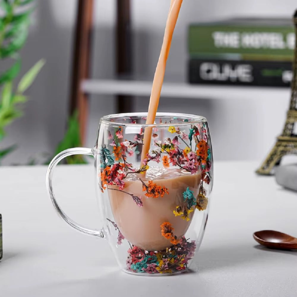 300ML Double-Wall Flower Glass Coffee Tea Mug 