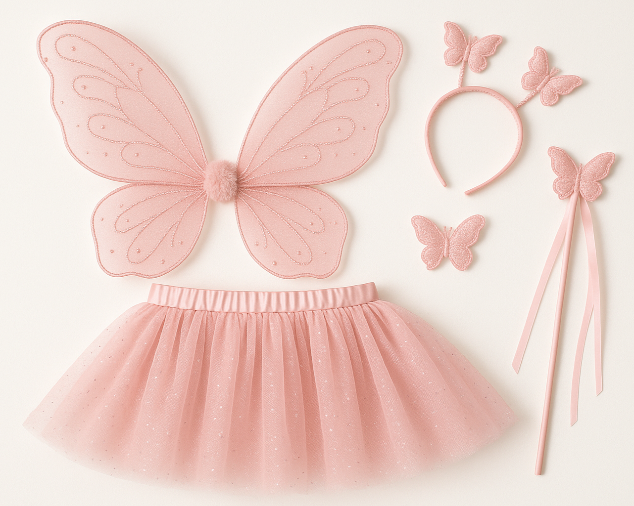 Butterfly Fairy Princess Costume Set – Wings, Wand, Headband & Skirt. simple pink 