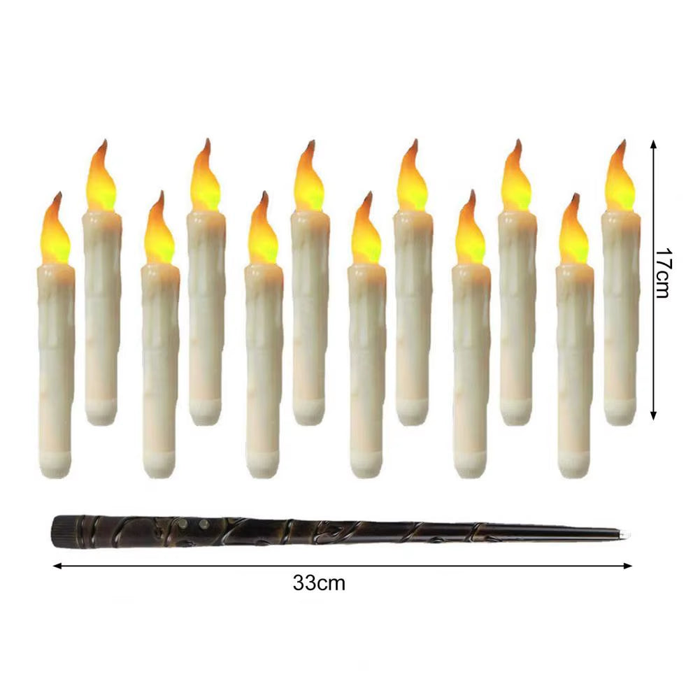 12 Pcs Hanging Floating Candle LED Wand Remote Control Magic Flameless Taper Fake Candle for Halloween Party Decor