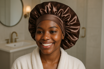 Satin sleep cap is worn by a smiling beautiful black woman in the bathroom. The cap has a very wide elastic band, it is comfortable and does not press when sleeping.